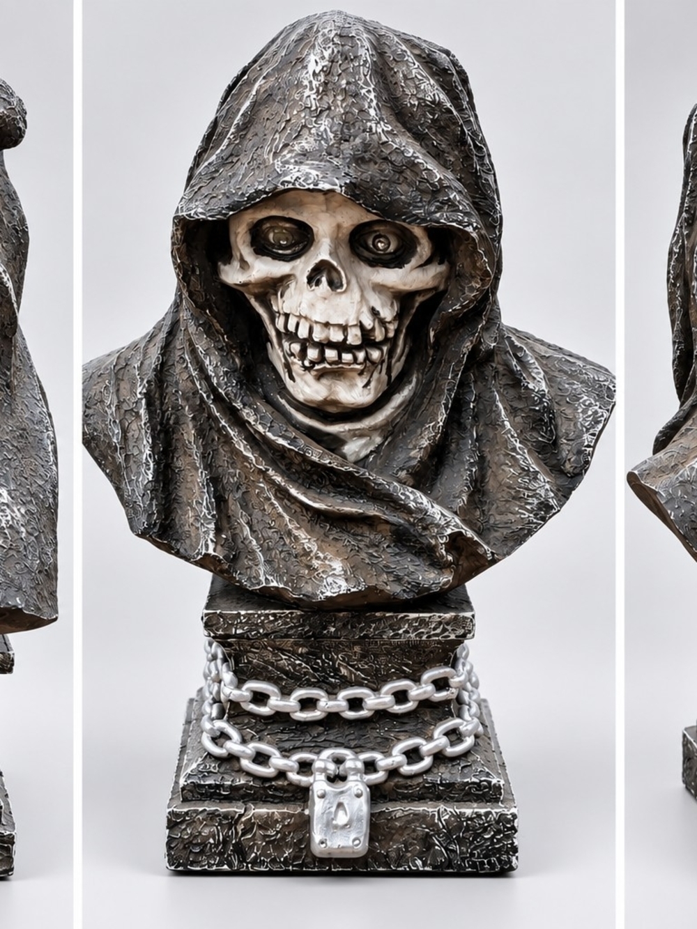 Skeletal Grim Reaper Bust Sculpture in Black and Silver